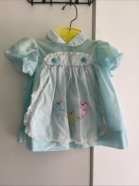 Vintage Light Blue Girls Dress with Polka Dot Apron and Embroidered Birds